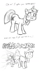 Size: 687x1288 | Tagged: safe, artist:shoutingisfun, derpibooru import, spike, twilight sparkle, dragon, pony, fart, fart noise, monochrome, spikeabuse, twilight fartle