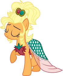 Size: 893x1071 | Tagged: dead source, safe, artist:jeatz-axl, applejack, earth pony, pony, simple ways, alternate hairstyle, applejewel, clothes, dress, eyes closed, raised hoof, simple background, solo, svg, transparent background, vector