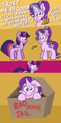 Size: 960x1920 | Tagged: safe, artist:threetwotwo32232, starlight glimmer, twilight sparkle, twilight sparkle (alicorn), alicorn, pony, unicorn, box, comic, dialogue, food, gay baby jail, glowing horn, phrasing, pineapple, pineapple pizza, pizza, pony in a box, punishment, pure unfiltered evil, teary eyes, that pony sure does love pineapple pizza, they're just so cheesy