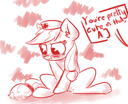 Size: 1280x1039 | Tagged: safe, artist:nobody, applejack, earth pony, pony, :t, blushing, cute, embarrassed, frown, looking down, nurse, scrunchy face, sitting, solo, speech bubble