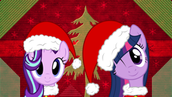 Size: 3840x2160 | Tagged: safe, artist:laszlvfx, artist:pink1ejack, edit, starlight glimmer, twilight sparkle, pony, unicorn, christmas, cute, female, glimmerbetes, hat, holiday, looking at you, mare, one eye closed, santa hat, smiling, twiabetes, wallpaper, wallpaper edit, wink