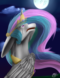 Size: 850x1100 | Tagged: safe, artist:bolt-the-human, princess celestia, alicorn, pony, crying, looking up, mare in the moon, moon, solo