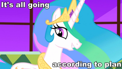 Size: 960x540 | Tagged: safe, princess celestia, alicorn, pony, image macro, just as planned, meme, solo