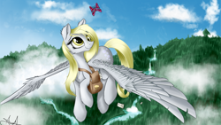 Size: 1920x1080 | Tagged: safe, artist:aurelleah, derpy hooves, butterfly, pegasus, pony, alternate hairstyle, bag, cloud, cute, female, flying, forest, happy, letter, looking up, mare, river, scenery, signature, smiling, solo, stream, tree, waterfall