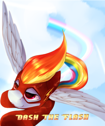 Size: 2500x3000 | Tagged: safe, artist:chapaevv, derpibooru import, rainbow dash, pegasus, pony, clothes, cloud, costume, crossover, female, flying, rainbow, solo, superhero, superhero costume, text, the flash