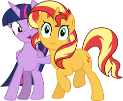 Size: 9229x7618 | Tagged: safe, artist:illumnious, sunset shimmer, twilight sparkle, twilight sparkle (alicorn), alicorn, pony, unicorn, better together, forgotten friendship, absurd resolution, duo, female, mare, side hug, simple background, startled, transparent background, vector