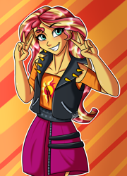 Size: 1800x2500 | Tagged: safe, artist:jack-pie, sunset shimmer, better together, equestria girls, abstract background, beautiful, blushing, clothes, female, jacket, leather jacket, peace sign, skirt, smiling, solo