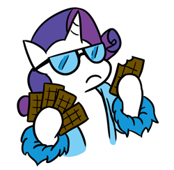 Size: 870x848 | Tagged: safe, artist:jargon scott, rarity, pony, unicorn, chocolate, chocolate bar, fur coat, solo, sunglasses