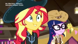 Size: 1280x720 | Tagged: safe, screencap, sci-twi, sunset shimmer, twilight sparkle, better together, equestria girls, five to nine, cowgirl, cute, duo, female, shimmerbetes, smiling, twiabetes