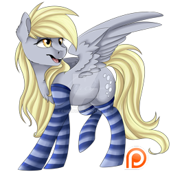 Size: 1024x1028 | Tagged: safe, artist:crecious, derpy hooves, pegasus, pony, clothes, female, mare, patreon, patreon logo, simple background, socks, solo, striped socks, transparent background, watermark