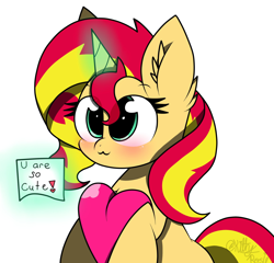 Size: 2048x1967 | Tagged: safe, artist:kittyrosie, sunset shimmer, unicorn, :3, blushing, cute, ear fluff, female, heart, levitation, looking at you, magic, mare, note, shimmerbetes, simple background, solo, telekinesis, white background