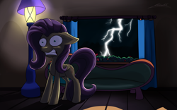 Size: 3125x1950 | Tagged: safe, artist:ponimichla, fluttershy, pegasus, pony, lightning, scared, solo, startled, thunder