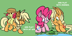 Size: 1280x652 | Tagged: safe, artist:fauxsquared, apple bloom, applejack, pinkie pie, earth pony, frog, pony, accessory swap, animal, cute, frog inspector applejack, jackabetes, slice of life