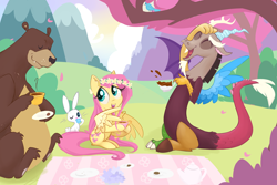 Size: 5400x3600 | Tagged: safe, artist:meekcheep, angel bunny, discord, fluttershy, harry, pegasus, pony, absurd resolution, eyes closed, floral head wreath, flower in hair, laughing, picnic, sitting, tea, tea party