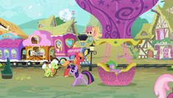 Size: 1280x720 | Tagged: safe, screencap, big macintosh, cheerilee, chelsea porcelain, derpy hooves, dizzy twister, geri, granny smith, mr. waddle, orange swirl, spike, steamer, twilight sparkle, unicorn twilight, dragon, earth pony, pegasus, pony, unicorn, female, friendship express, hot air balloon, male, mare, opening, railroad, stallion, theme song, train, twinkling balloon