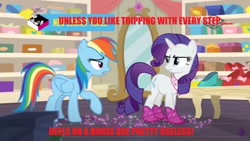 Size: 2560x1440 | Tagged: safe, derpibooru import, edit, edited screencap, screencap, rainbow dash, rarity, pegasus, pony, unicorn, the end in friend, boomerang (tv channel), boots, duo, female, glitter, glitter boots, high heels, mare, neckerchief, shoes