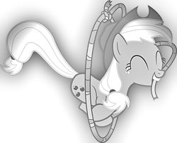 Size: 900x729 | Tagged: artist needed, safe, applejack, earth pony, pony, eyes closed, jumping, lasso, monochrome, mouth hold, solo