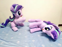 Size: 1024x768 | Tagged: safe, artist:nekokevin, starlight glimmer, pony, unicorn, series:nekokevin's glimmy, duality, duo, female, hooves together, irl, lying down, mare, open mouth, photo, plushie, raised hoof, self ponidox, sitting, smiling