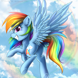 Size: 2000x2000 | Tagged: safe, artist:meotashie, derpibooru import, rainbow dash, pegasus, pony, cloud, cloudy, flying, rainbow, sky, smiling, solo, underhoof