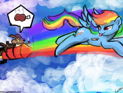 Size: 960x720 | Tagged: safe, artist:lumineko, derpibooru import, rainbow dash, pegasus, pony, 30 minute art challenge, :p, crossover, drool, flying, hungry, looking back, looney tunes, raspberry, rocket, smirk, tongue out, wile e coyote