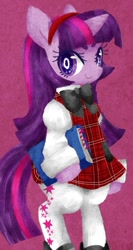 Size: 673x1263 | Tagged: safe, artist:nonananana, derpibooru import, twilight sparkle, anthro, unguligrade anthro, unicorn, arm hooves, clothes, female, looking at you, mare, schoolgirl, smiling, smiling at you, solo