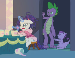 Size: 1176x910 | Tagged: safe, artist:carnifex, rarity, spike, oc, oc:lavender, dracony, dragon, hybrid, pony, unicorn, adult, adult spike, annoyed, bathrobe, clothes, comfort eating, crying, female, floppy ears, frown, ice cream, interspecies offspring, magic, male, marshmelodrama, mascara, mascarity, messy mane, offspring, older, older spike, open mouth, parent:rarity, parent:spike, parents:sparity, pointing, rarity being rarity, robe, running makeup, sad, shipping, sitting, sparity, stool, story in the comments, straight, telekinesis