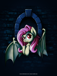 Size: 4320x5700 | Tagged: safe, artist:tenart, fluttershy, absurd resolution, fangs, flutterbat, frown, glare, leaning, looking at you, solo, species swap, spread wings, window