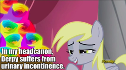 Size: 844x470 | Tagged: safe, screencap, derpy hooves, pony, slice of life (episode), female, headcanon, impact font, incontinence, solo, text, wat