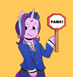 Size: 1280x1352 | Tagged: safe, artist:raph13th, starlight glimmer, pony, unicorn, bipedal, clothes, colored hooves, dexterous hooves, female, grin, hat, hoof hold, magnetic hooves, mare, nervous, nervous grin, orange background, panic, simple background, smiling, solo, stop sign, sweat, tumblr 2018 nsfw purge, yellow background