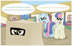 Size: 7023x4492 | Tagged: safe, artist:t-3000, bon bon, derpy hooves, lyra heartstrings, sweetie drops, earth pony, pegasus, pony, unicorn, absurd resolution, box, comic, dialogue, gameloft, open mouth, pony in a box, ponyville, worried