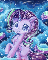 Size: 900x1130 | Tagged: safe, artist:auroracursed, starlight glimmer, pony, unicorn, cloud, night, obtrusive watermark, solo, traditional art, watermark