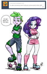 Size: 700x1089 | Tagged: safe, artist:pia-sama, rarity, spike, equestria girls, ask, belly button, clothes, cosplay, female, football, human spike, male, midriff, shipping, sparity, straight, super mario strikers, tumblr