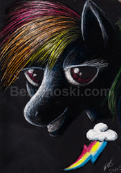 Size: 433x619 | Tagged: safe, artist:benwhoski, derpibooru import, rainbow dash, pegasus, pony, bedroom eyes, bust, grin, hoers, looking at you, portrait, smirk, solo, traditional art, watermark