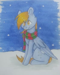 Size: 1224x1530 | Tagged: safe, artist:pinkcloudhugger, derpy hooves, pegasus, pony, clothes, colored pupils, scarf, sitting, smiling, snow, snowfall, solo, traditional art, winter