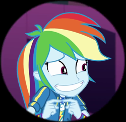 Size: 784x761 | Tagged: safe, derpibooru import, screencap, rainbow dash, better together, constructive criticism, constructive criticism: rainbow dash, equestria girls, clothes, cropped, cute, dashabetes, faic, geode of super speed, grin, jacket, magical geodes, nervous, nervous grin, rainbow dash is best facemaker, shirt, simple background, smiling, sweatshirt, t-shirt, wristband