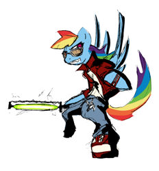 Size: 1280x1380 | Tagged: safe, artist:magello, derpibooru import, rainbow dash, pegasus, pony, colored, crossover, no more heroes, solo, travis touchdown
