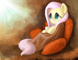 Size: 2600x2000 | Tagged: safe, artist:mraccoon, fluttershy, pegasus, pony, blanket, cozy, cup, looking away, sitting, sofa, solo