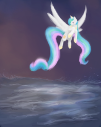 Size: 552x695 | Tagged: safe, artist:risketch, princess celestia, alicorn, pony, flying, ocean, reflection, solo