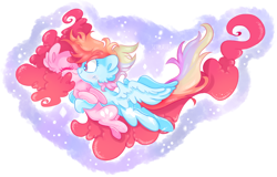 Size: 1280x818 | Tagged: safe, artist:pinkablue, derpibooru import, pinkie pie, rainbow dash, earth pony, pegasus, pony, abstract background, ear fluff, eyes closed, female, hug, lesbian, mare, pinkiedash, shipping, signature