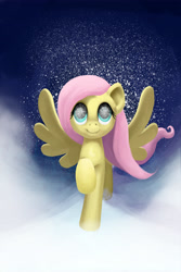 Size: 3729x5573 | Tagged: safe, artist:mraccoon, fluttershy, pegasus, pony, eye reflection, looking up, raised hoof, smiling, snow, snowfall, solo, spread wings