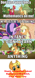 Size: 501x1111 | Tagged: safe, edit, edited screencap, screencap, applejack, big macintosh, twilight sparkle, unicorn twilight, earth pony, pegasus, pony, unicorn, background pony strikes again, caption, female, hate, hater, horse collar, i didn't learn anything, image macro, inbred, jackabuse, male, mare, mud pony, op is a cuck, op is trying to start shit, op started shit, shrug, stallion, text, vulgar, worst pony