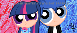 Size: 1024x439 | Tagged: safe, artist:mylittlepon3lov3, derpibooru import, flash sentry, twilight sparkle, equestria girls, female, flashlight, male, puffed, shipping, straight, style emulation, the powerpuff girls