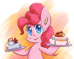 Size: 879x700 | Tagged: safe, artist:joycall6, pinkie pie, earth pony, pony, bipedal, cake, ear fluff, looking at you, simple background, solo