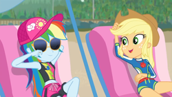 Size: 1920x1080 | Tagged: safe, derpibooru import, screencap, applejack, rainbow dash, equestria girls, equestria girls series, lost and found, applejack's hat, baseball cap, beach chair, belly button, bikini, cap, clothes, cowboy hat, duo, freckles, geode of super speed, geode of super strength, hat, magical geodes, relaxing, stetson, sunbathing, sunglasses, swimsuit, thighs