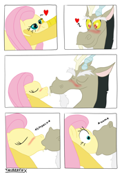 Size: 2480x3507 | Tagged: safe, artist:tairedfox, discord, fluttershy, draconequus, pegasus, pony, blushing, comic, discord being discord, discoshy, female, fetish, flutterprey, heart, imminent vore, kissing, male, mare, predcord, shipping, straight, surprised, wide eyes