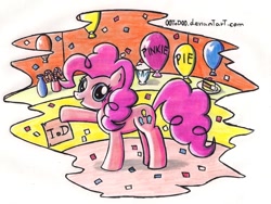 Size: 1357x1018 | Tagged: safe, artist:quarium, pinkie pie, earth pony, pony, balloon, confetti, solo