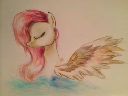 Size: 3264x2448 | Tagged: safe, artist:malinetourmaline, fluttershy, pegasus, pony, bust, eyes closed, profile, simple background, solo, traditional art