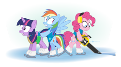 Size: 945x525 | Tagged: safe, artist:dm29, derpibooru import, pinkie pie, rainbow dash, twilight sparkle, twilight sparkle (alicorn), alicorn, earth pony, pegasus, pony, winter wrap up, chainsaw, clothes, earmuffs, female, ice, ice skates, ice skating, mare, simple background, this will end in tears, transparent background, trio, vest, weather team, winter wrap up vest