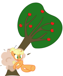 Size: 1890x2268 | Tagged: safe, artist:dbapplejack, applejack, earth pony, pony, semi-anthro, alternate hairstyle, applebucking, hatless, missing accessory, simple background, solo, tree