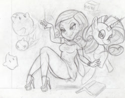 Size: 1000x778 | Tagged: safe, artist:todd18, rarity, human, book, clothes, crossover, dress, humanized, luma, monochrome, nintendo, pencil drawing, sega, sketch, smiling, sonic colors, sonic the hedgehog (series), super mario bros., super mario galaxy, traditional art, wisp